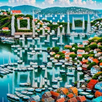 QR Code Expert beautiful example: Peaceful coastal fishing village.