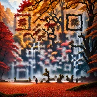 QR Code Expert beautiful example: Autumn mountain waterfall landscape.