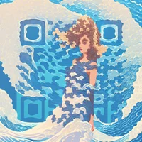QR Code Expert beautiful example: Woman in white dress by ocean waves.