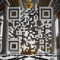 QR Code Expert beautiful example: Grand palace hall with an ancient tree.