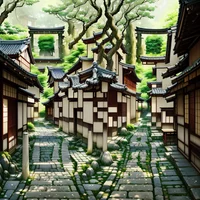 QR Code Expert beautiful example: Traditional Japanese village watercolor.