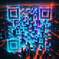 QR Code Expert beautiful example: Vibrant city skyline at night.