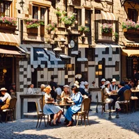 QR Code Expert beautiful example: Old European street cafe.